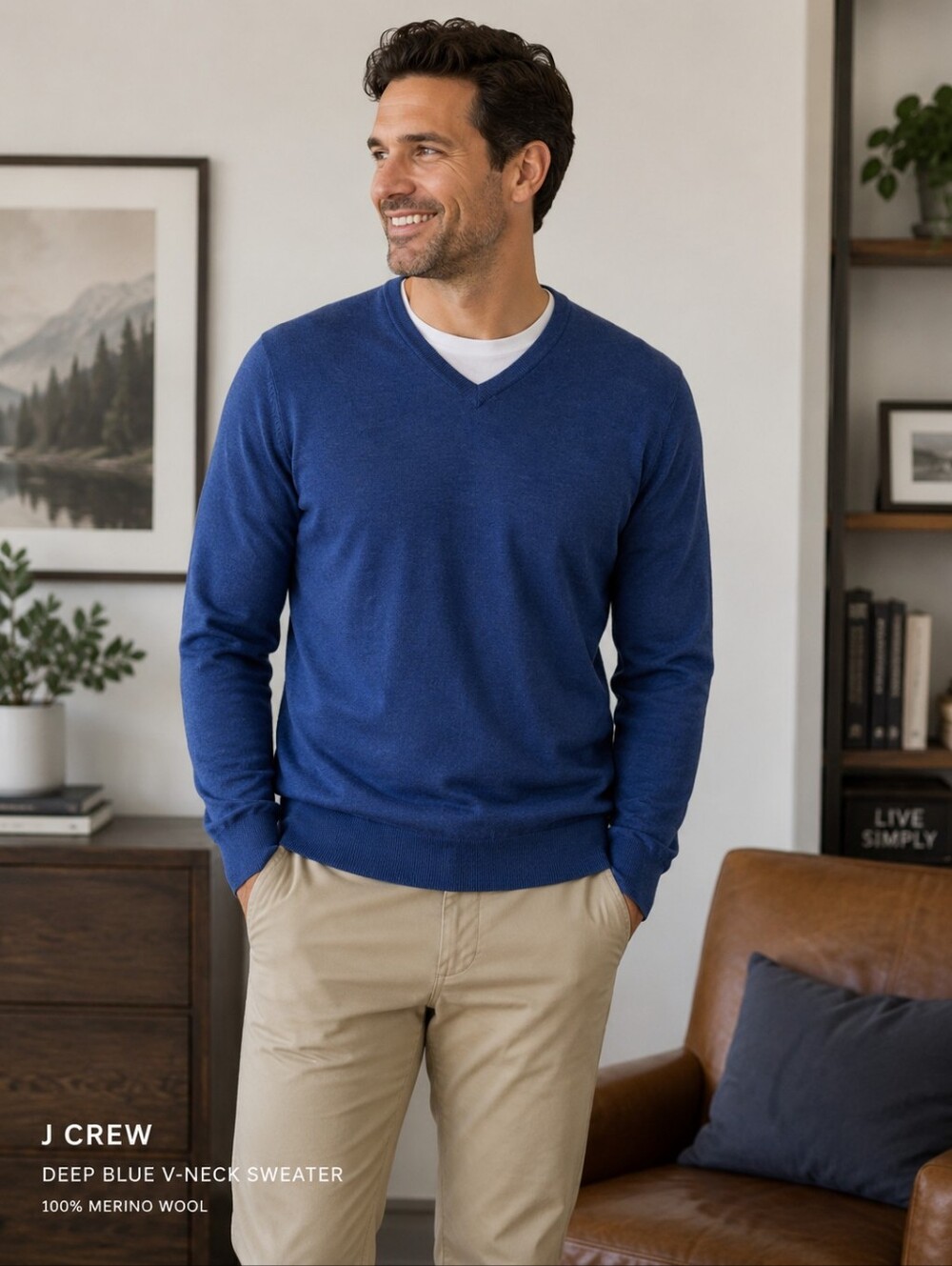 J Crew Men's Deep Blue V-Neck Sweater Merino Wool